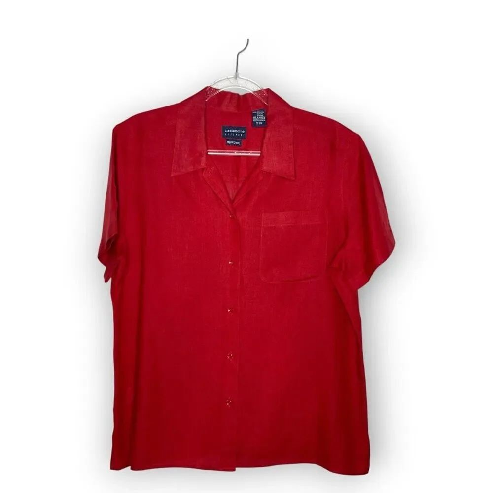 Liz Claiborne Lizsport Red Short Sleeve Button Front Shirt 100% Linen Size Large